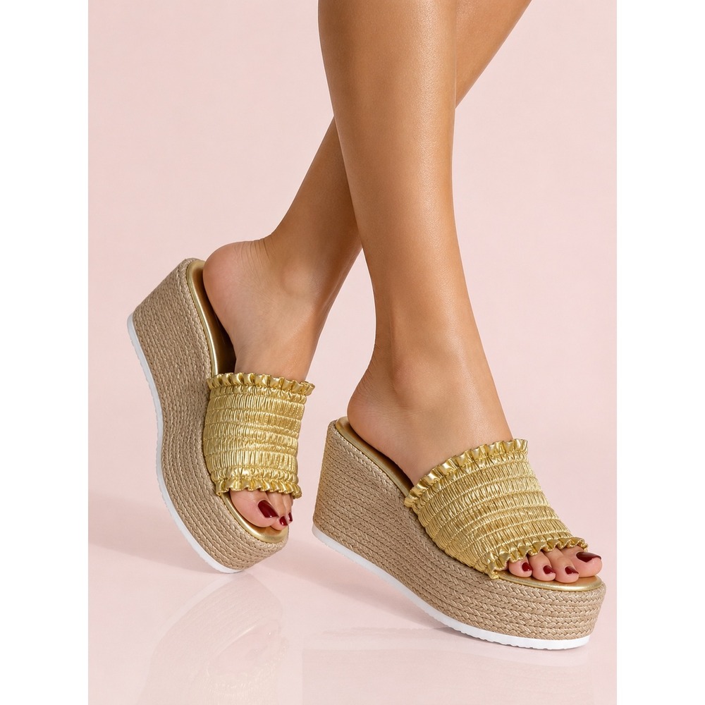 GANNI Gold Smock Espadrille Platform Wedge Slides Sandals Spain - EU 36